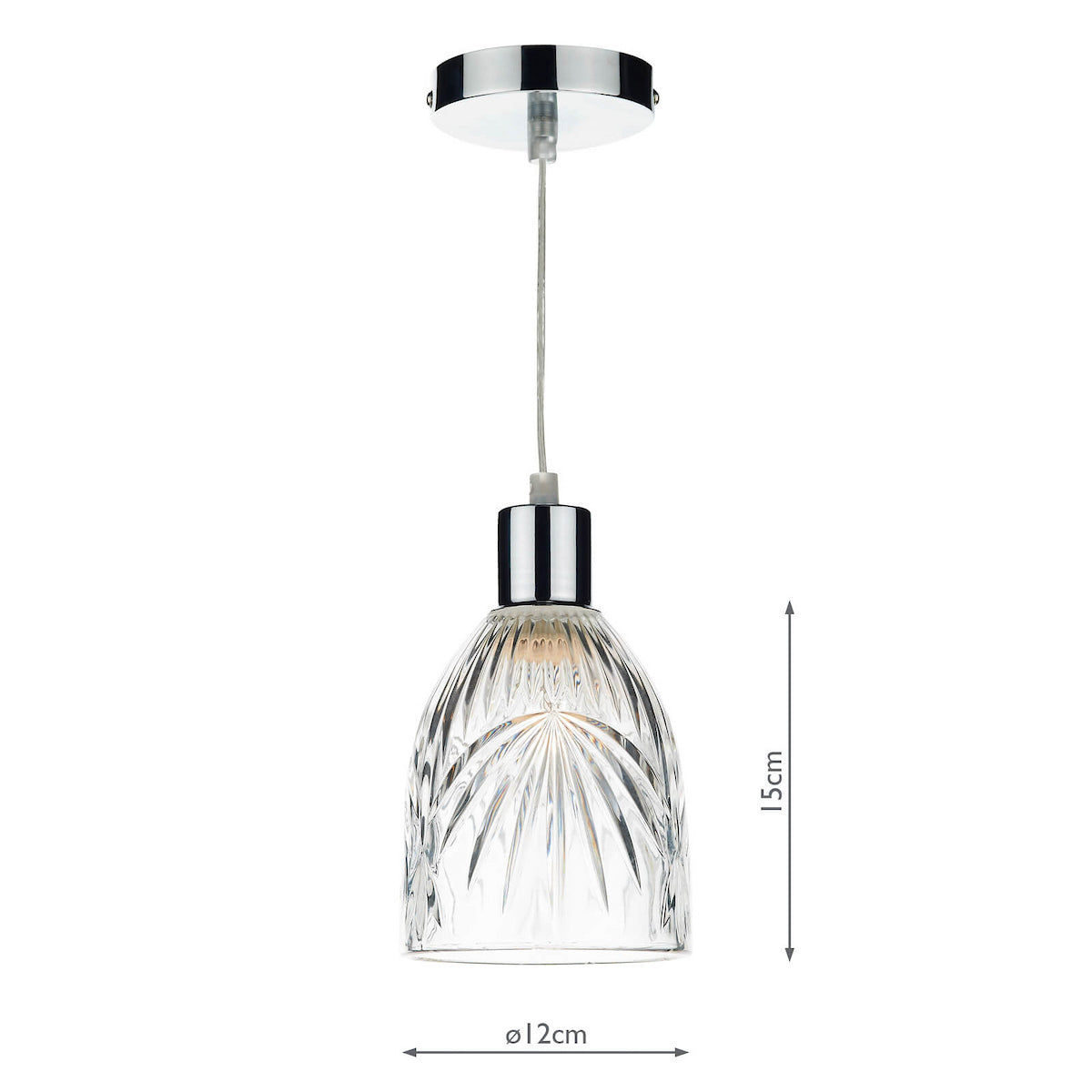 Chrome pendant light with a clear, cut-glass shade, showing 15cm height and 12cm diameter.