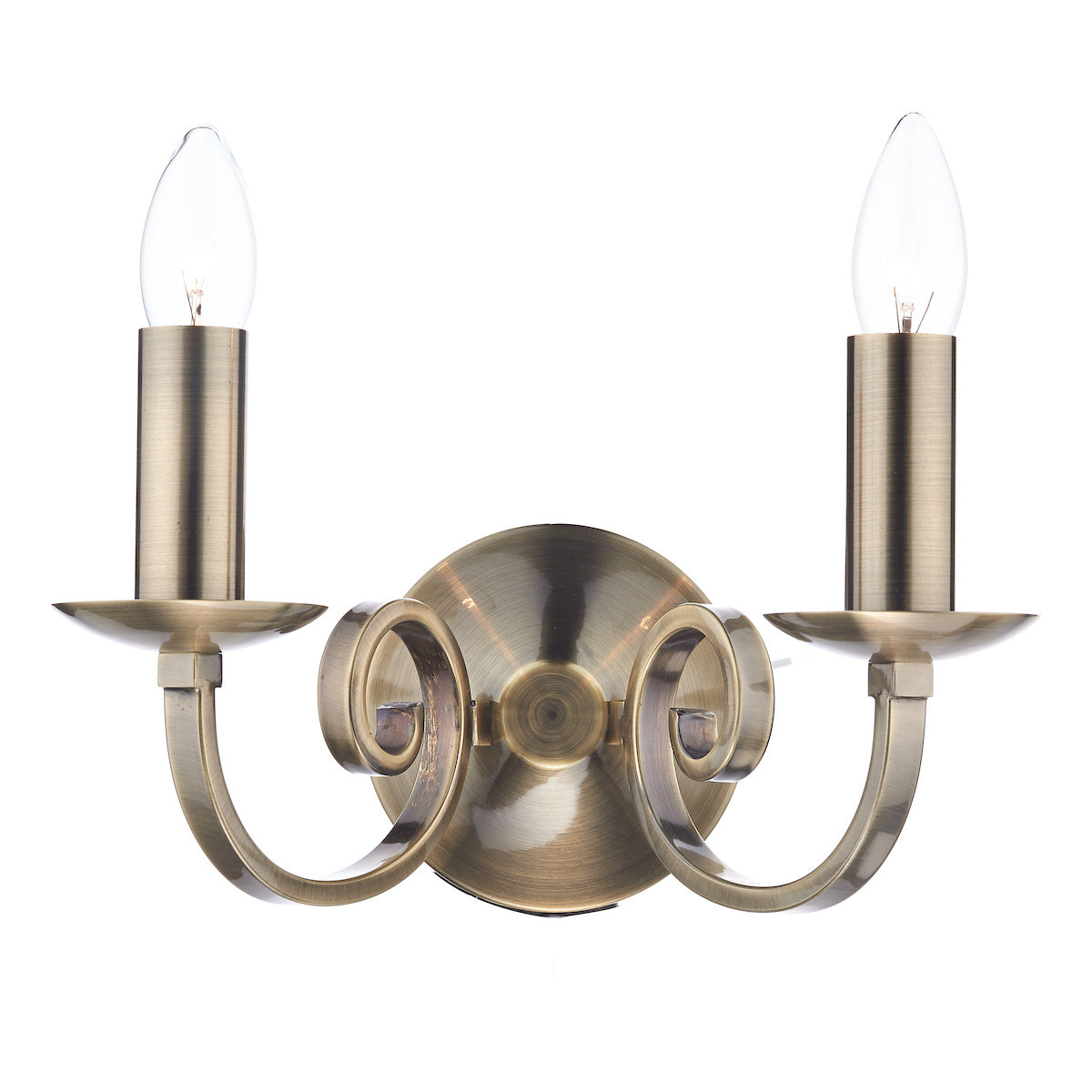 Two-light antique brass wall sconce with clear candle-style bulbs.