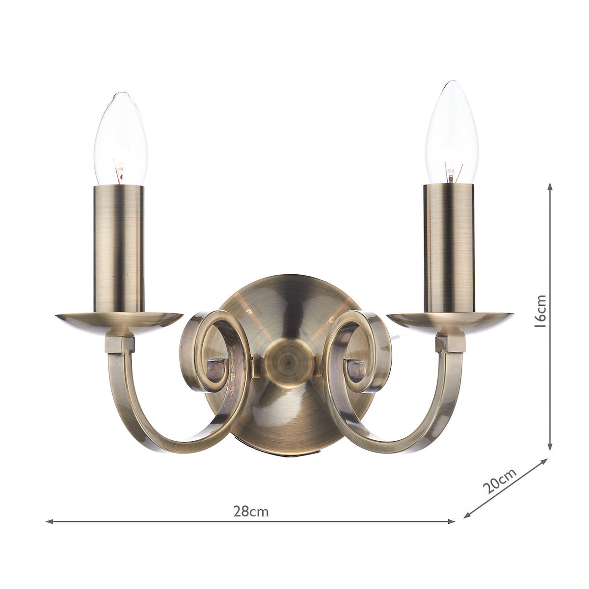 Antique brass double wall light with two candle-style bulbs and decorative scroll arms, showing dimensions.