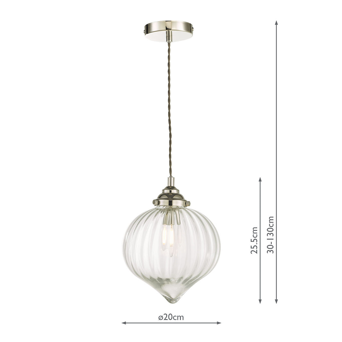 Ribbed glass pendant light with polished nickel accents and exposed filament bulb.