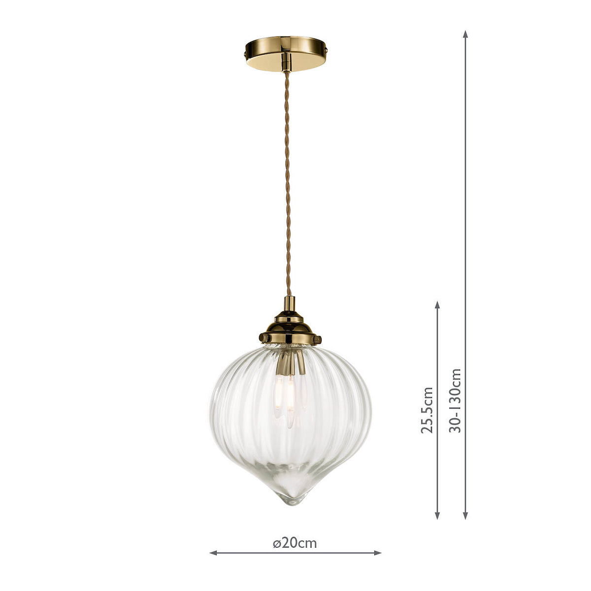 A clear, ribbed glass pendant light with brass fittings and a brown braided cord, showing dimensions.