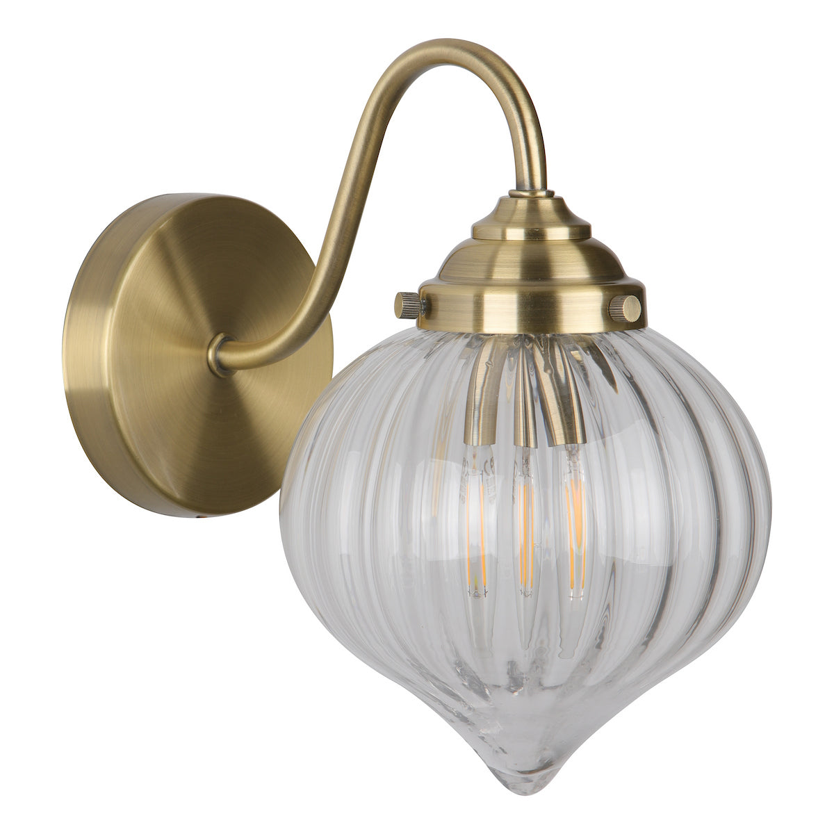 Brass wall light with a ribbed, clear glass shade and exposed filament bulbs.