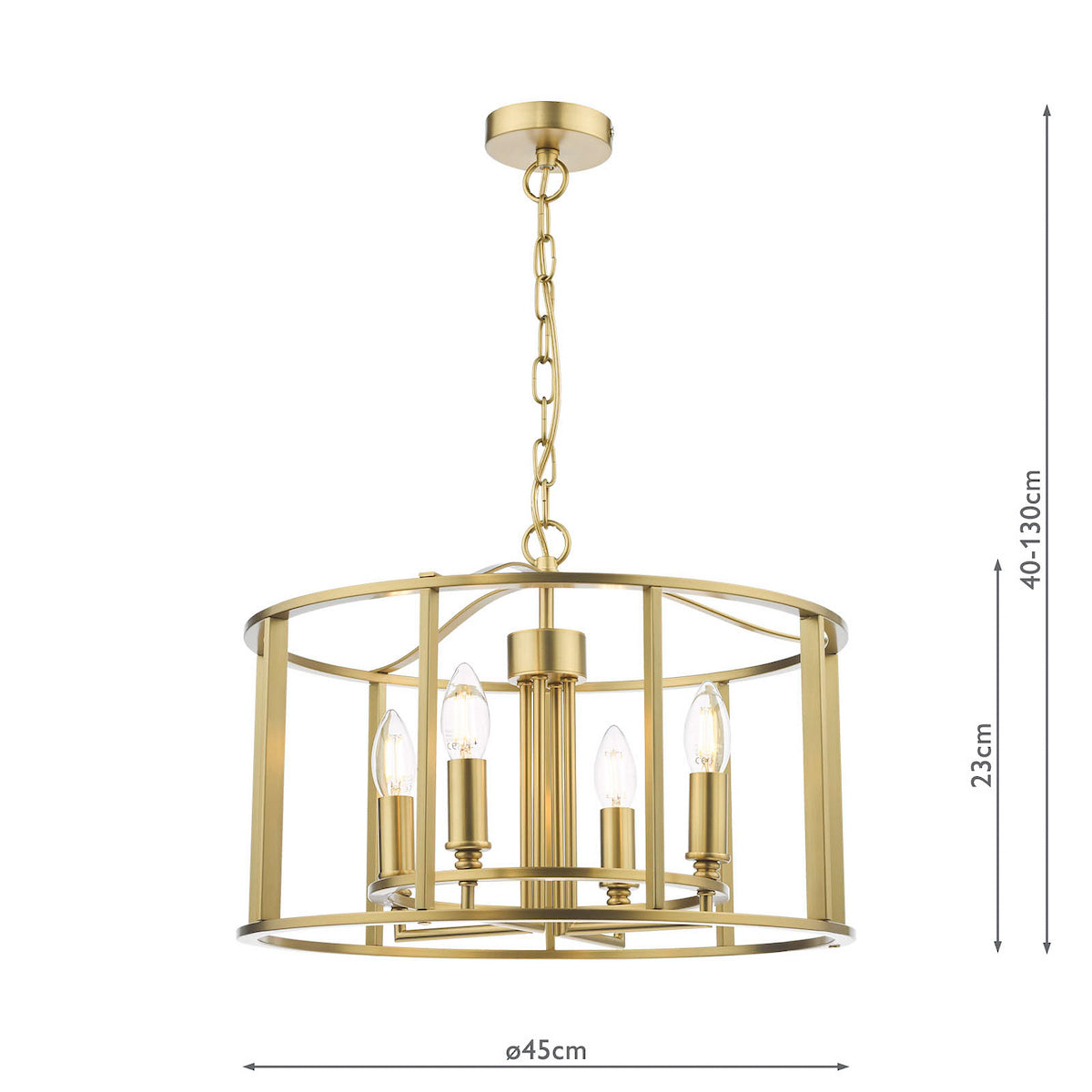 A gold chandelier with four exposed bulbs, encased in a cylindrical metal frame, with dimensions shown.