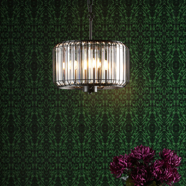 Naeva Three Light Pendant in Satin Black with Faceted Crystals