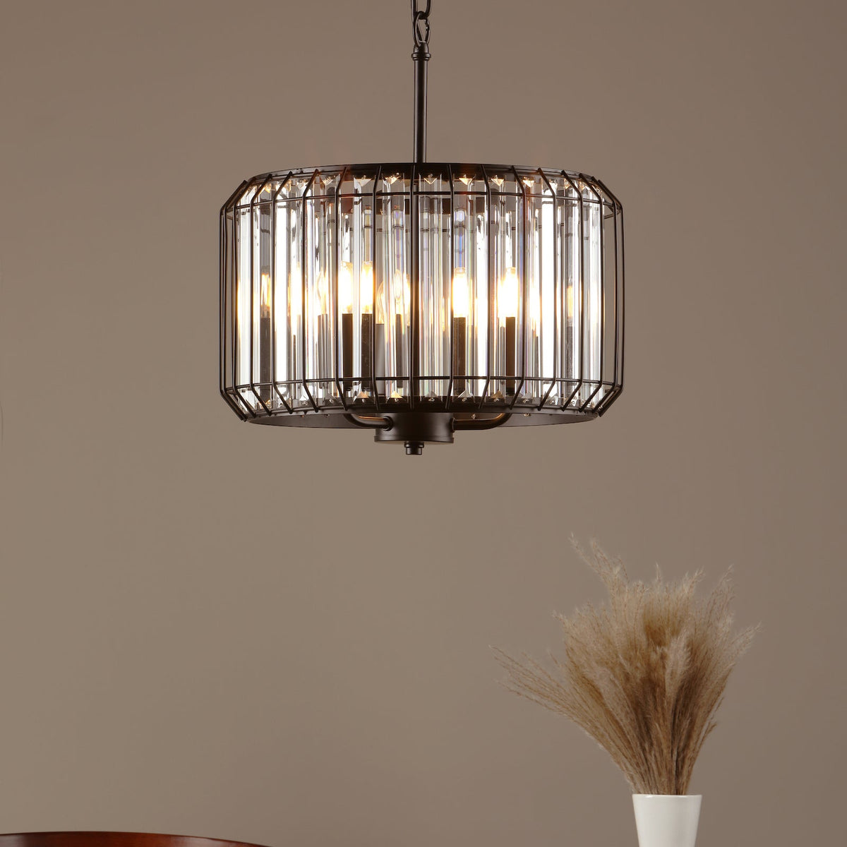 Naeva Three Light Pendant in Satin Black with Faceted Crystals