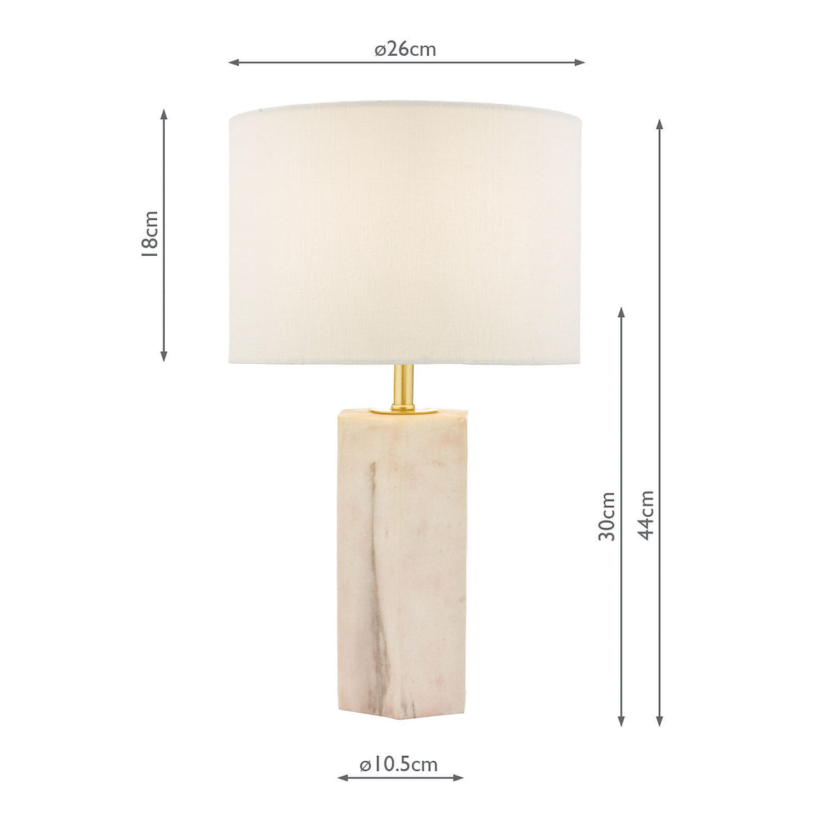 Table lamp with a rectangular marble base and a white fabric shade, with dimensions shown.
