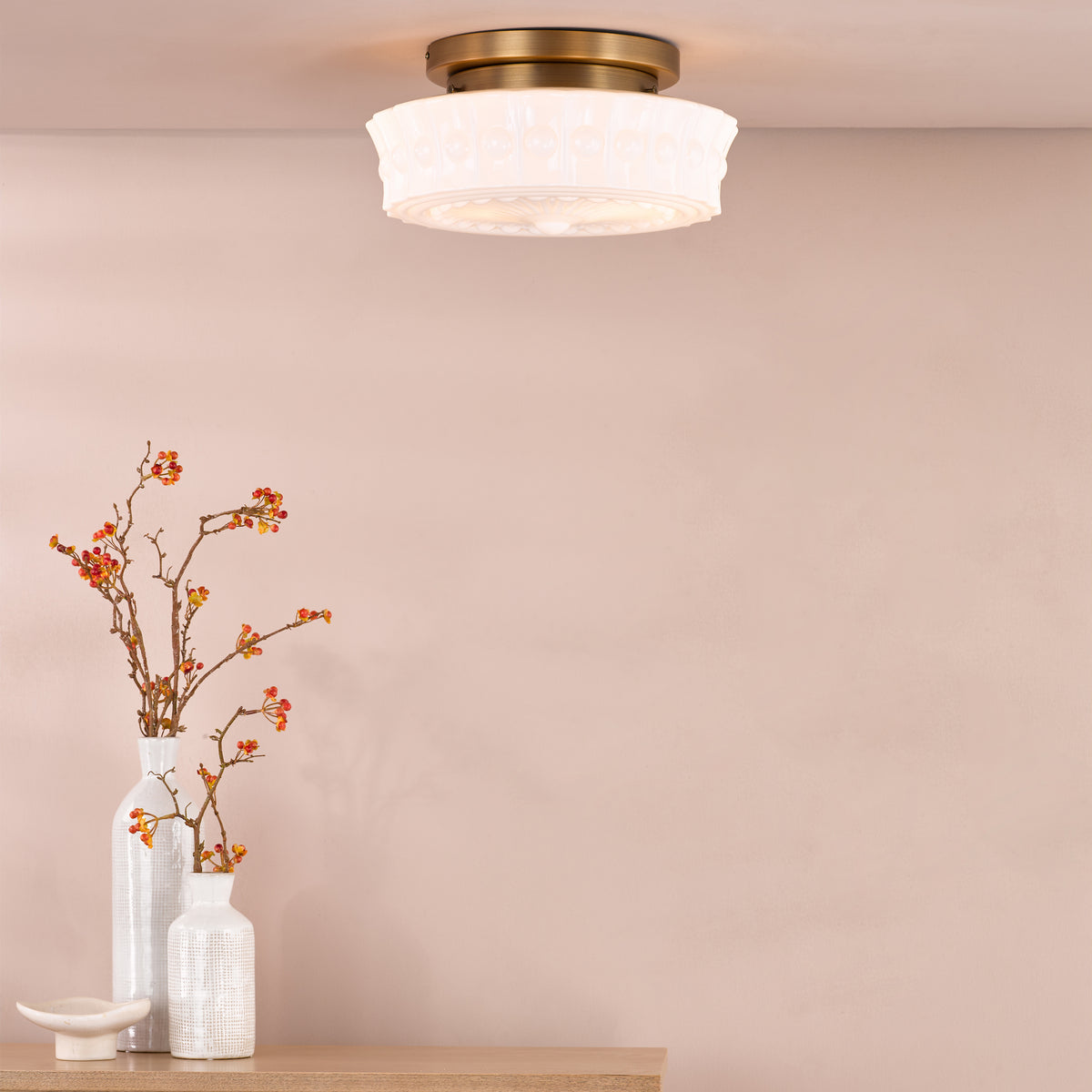 Neema Semi Flush Ceiling Light in Antique Bronze with Opal Glass Shade