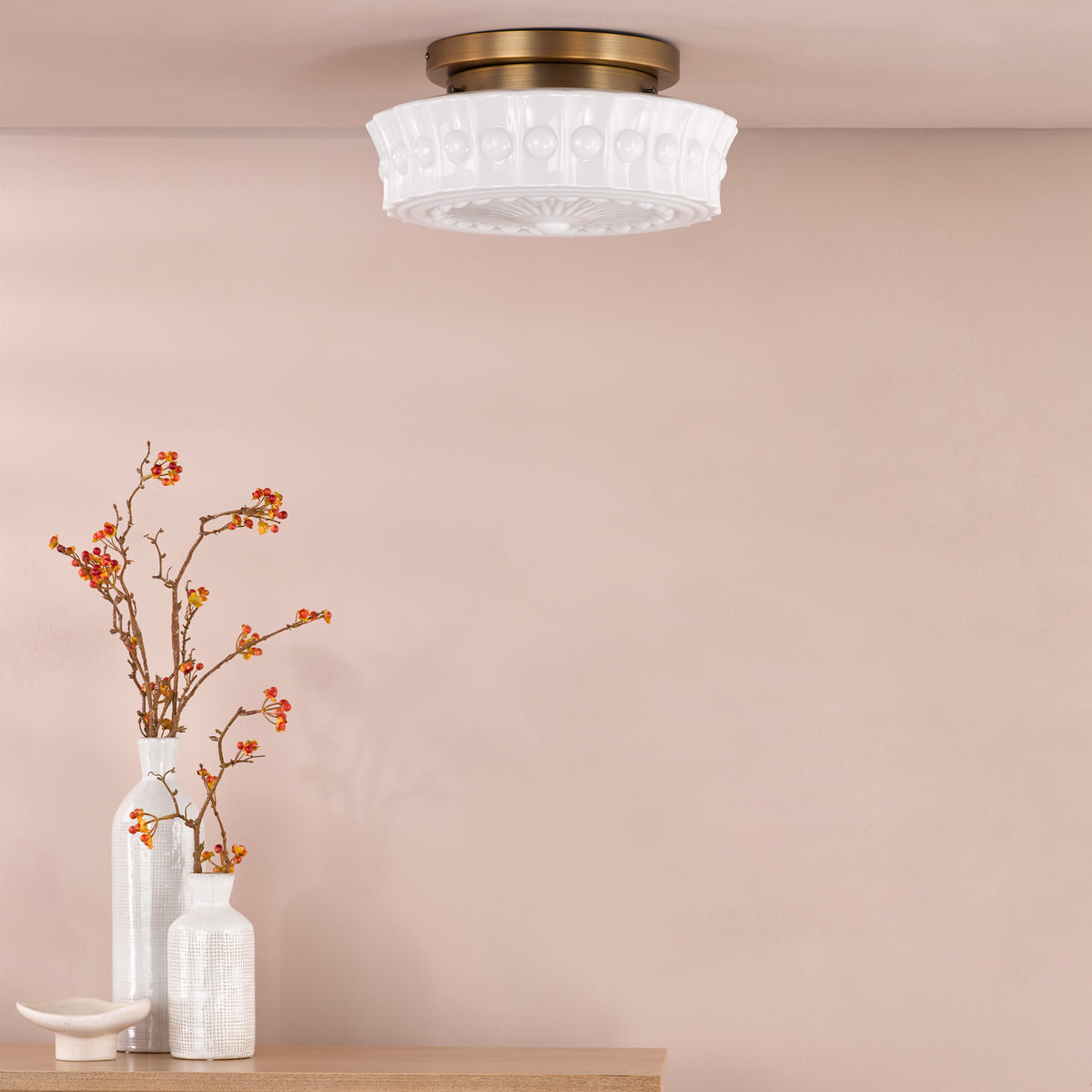Neema Semi Flush Ceiling Light in Antique Bronze with Opal Glass Shade