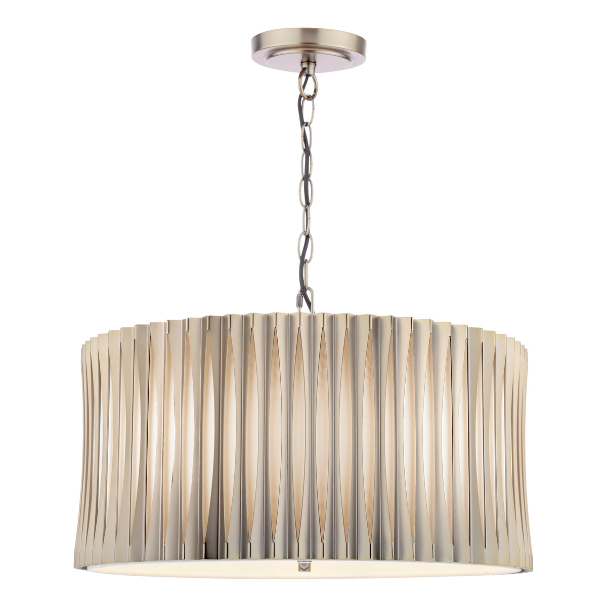 Round chandelier with a brushed nickel finish and a pleated drum shade