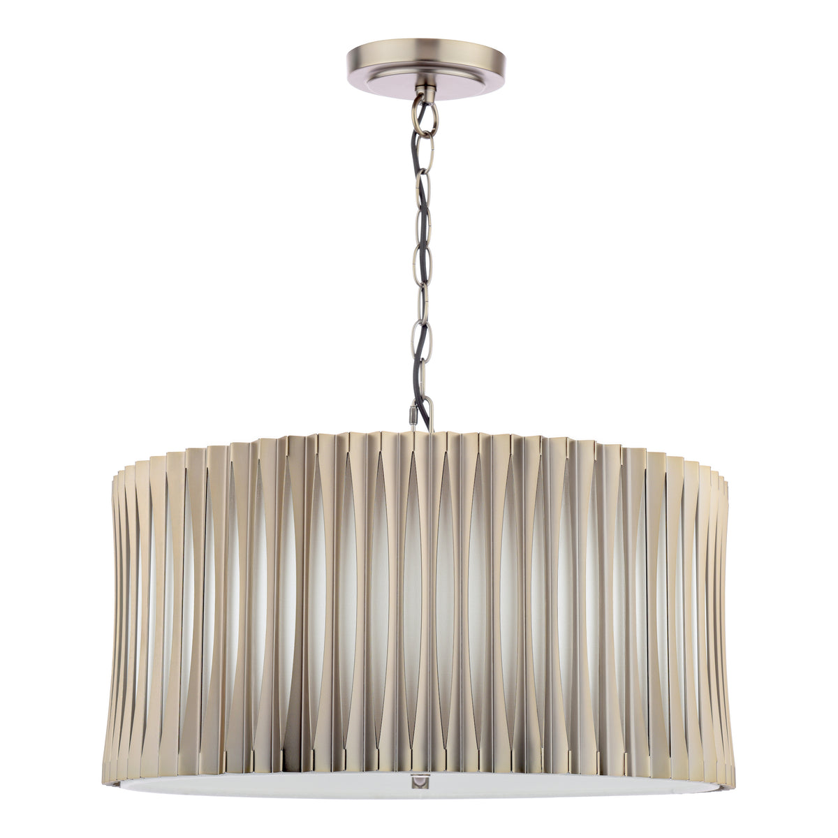 Brushed nickel chandelier with a drum shade featuring vertical, wavy metal slats