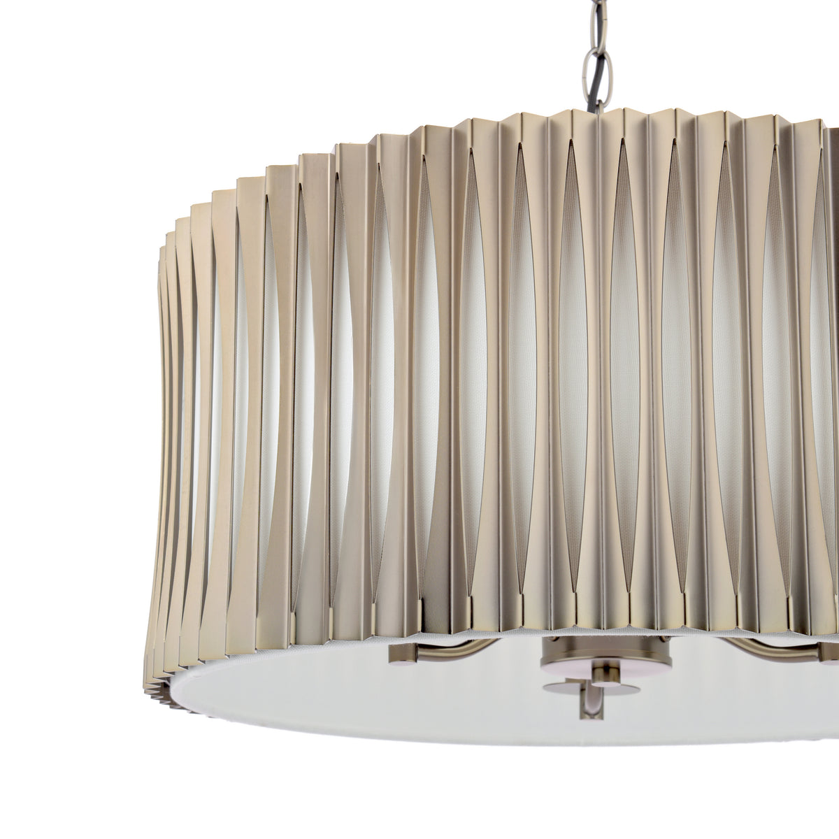 Close up of a modern chandelier with a pleated metal shade and a white diffuser