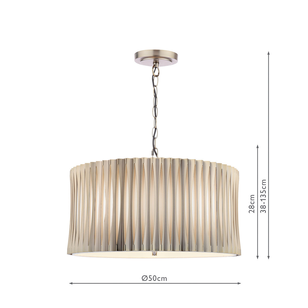 Brushed gold ceiling light with a pleated shade and dimensions of 50cm diameter and 38-135cm height