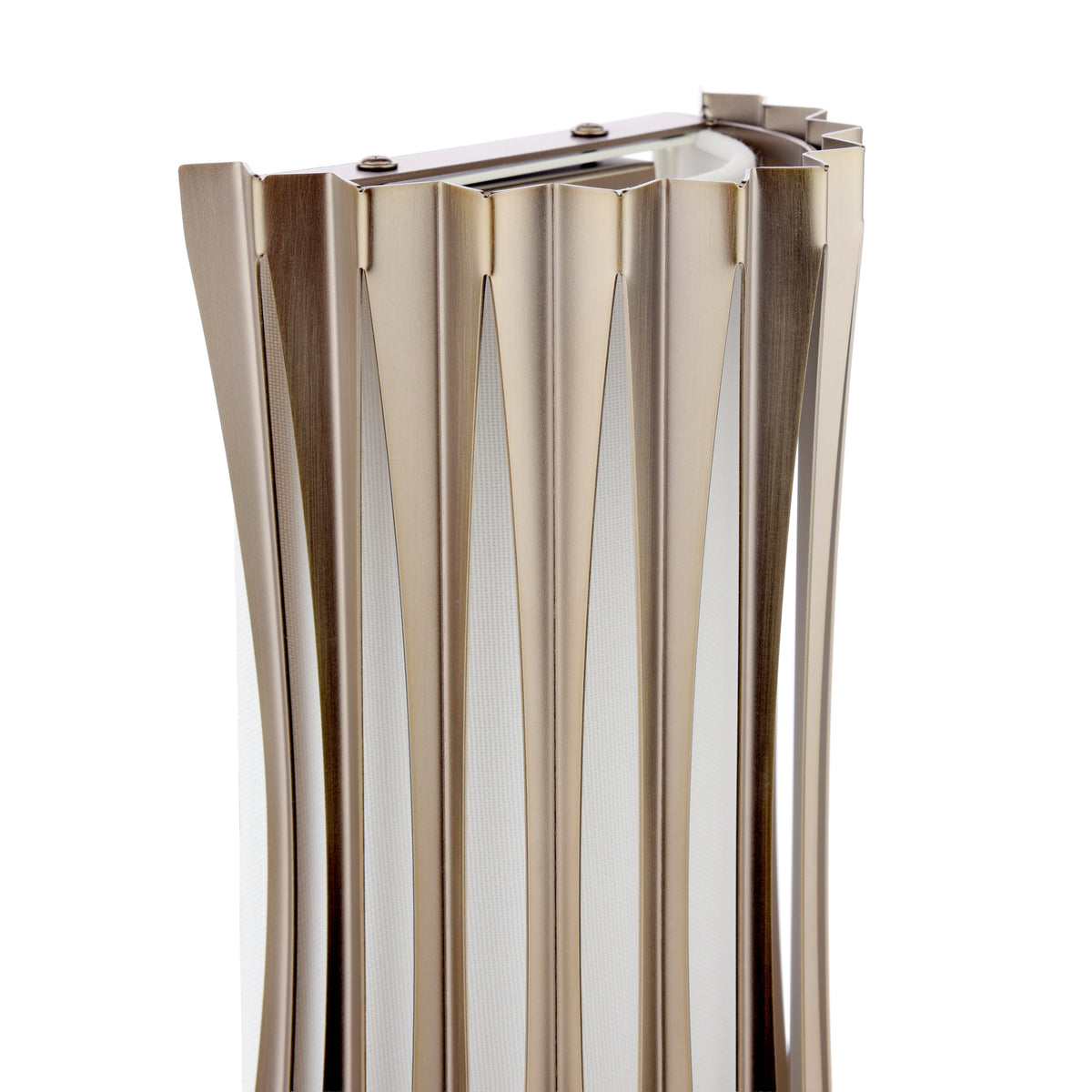 Close up of a gold pleated lamp shade with a white interior