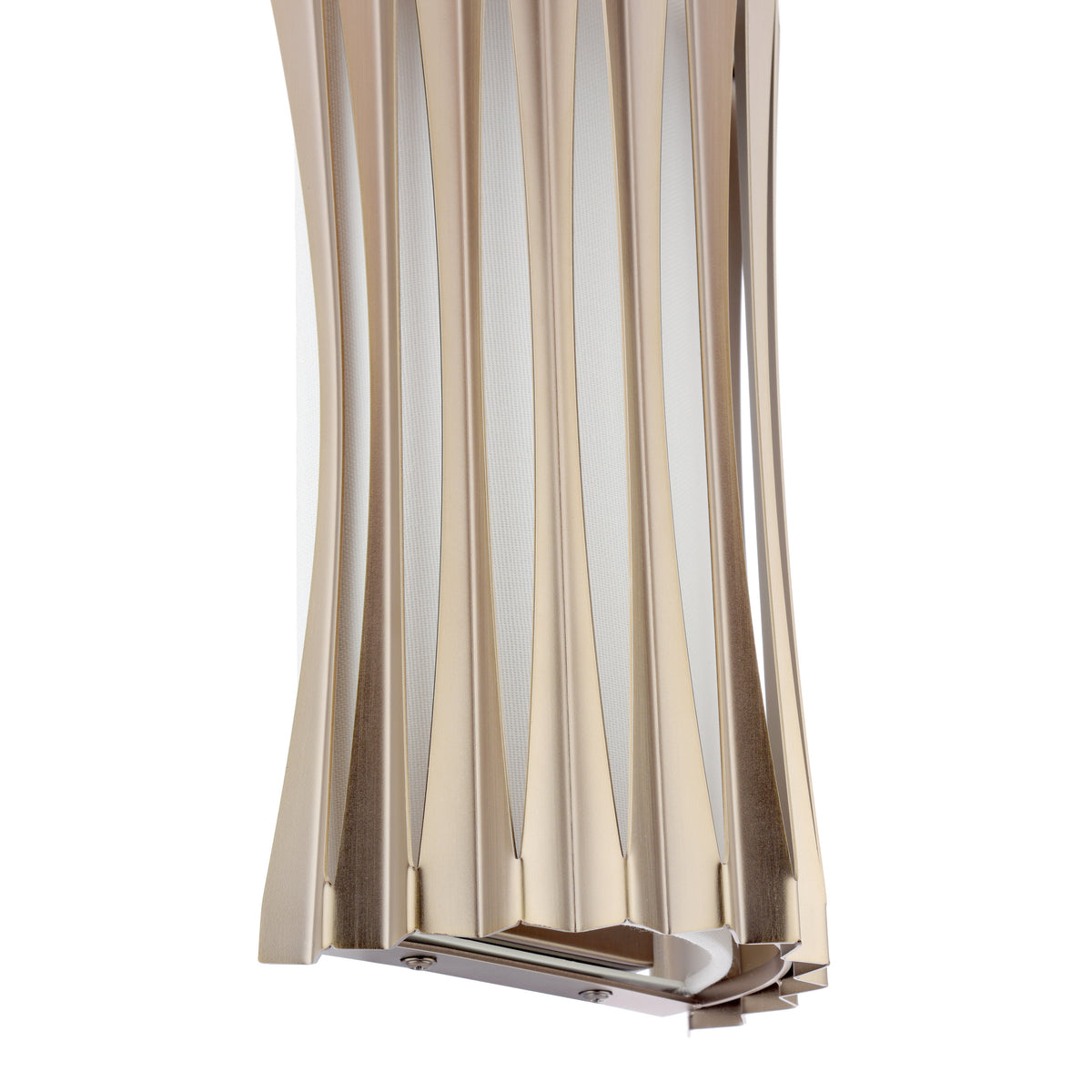 Gold-colored wall sconce with vertical, wavy metal panels and a white textured interior
