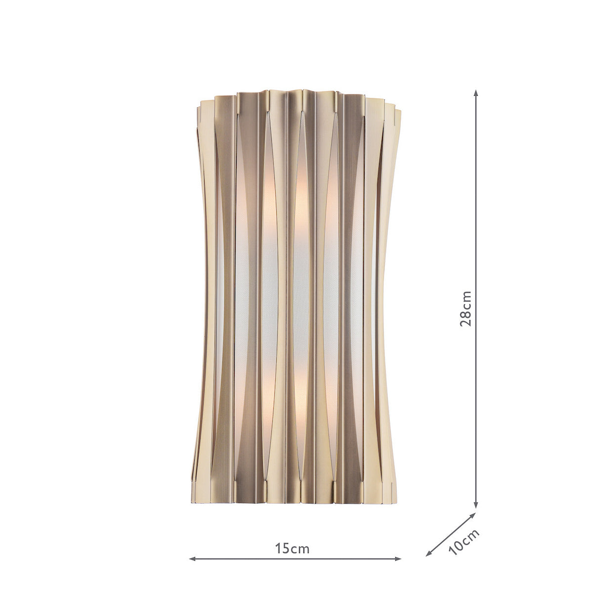 Gold wall light with vertical fluted design and dimensions 28cm high, 15cm wide, 10cm deep