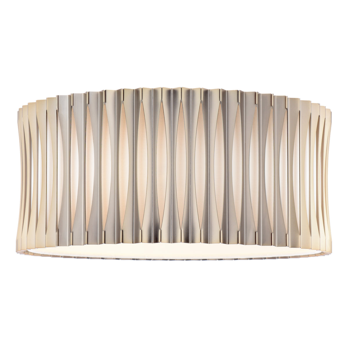 Horizontal light fixture with a brushed nickel finish and vertical, curved panels