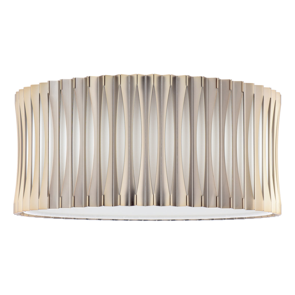 Close up of a gold and silver light fixture with a white interior