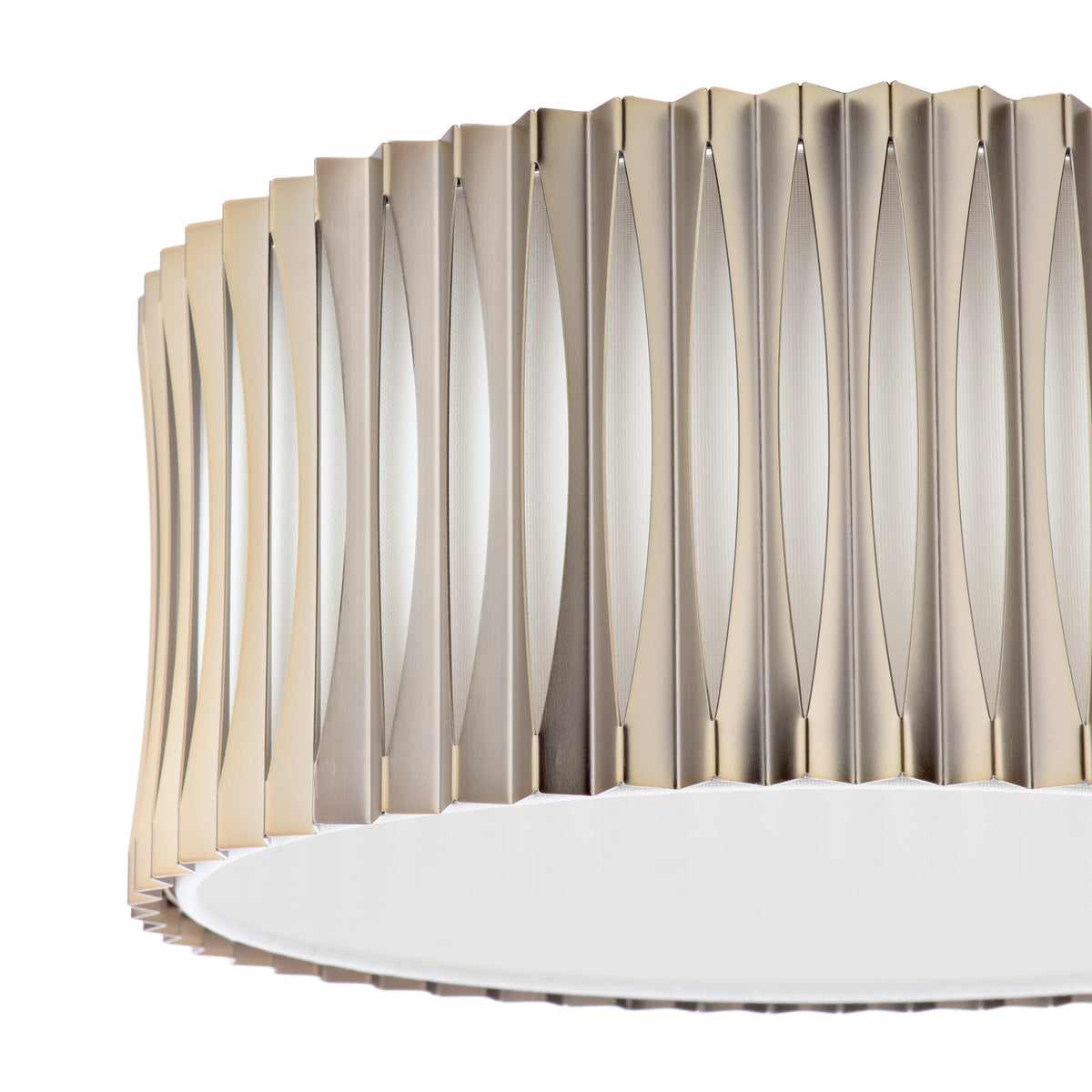 Close up of a modern ceiling light with a gold pleated shade and a white diffuser