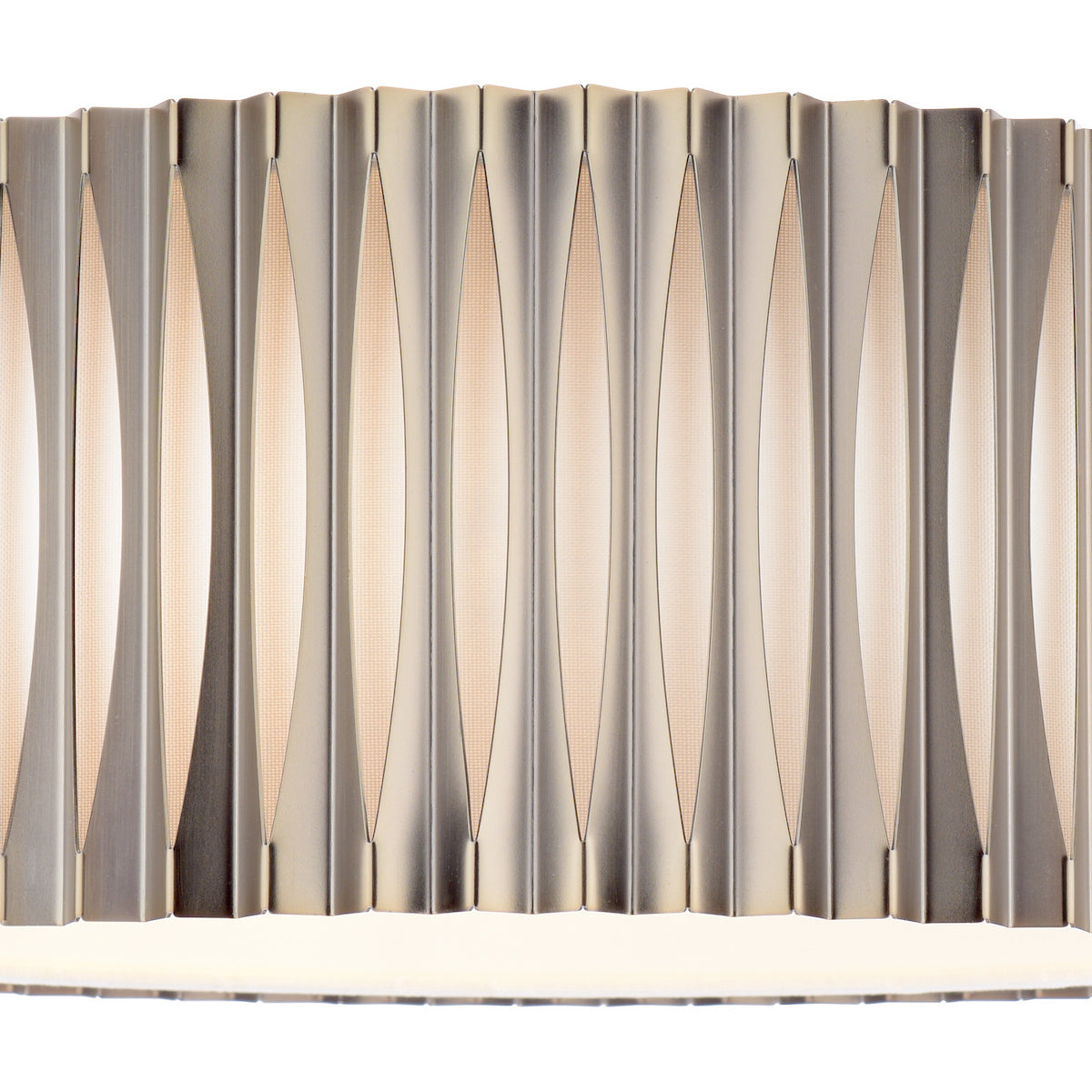Close up of a metal lampshade with vertical slats and fabric inserts