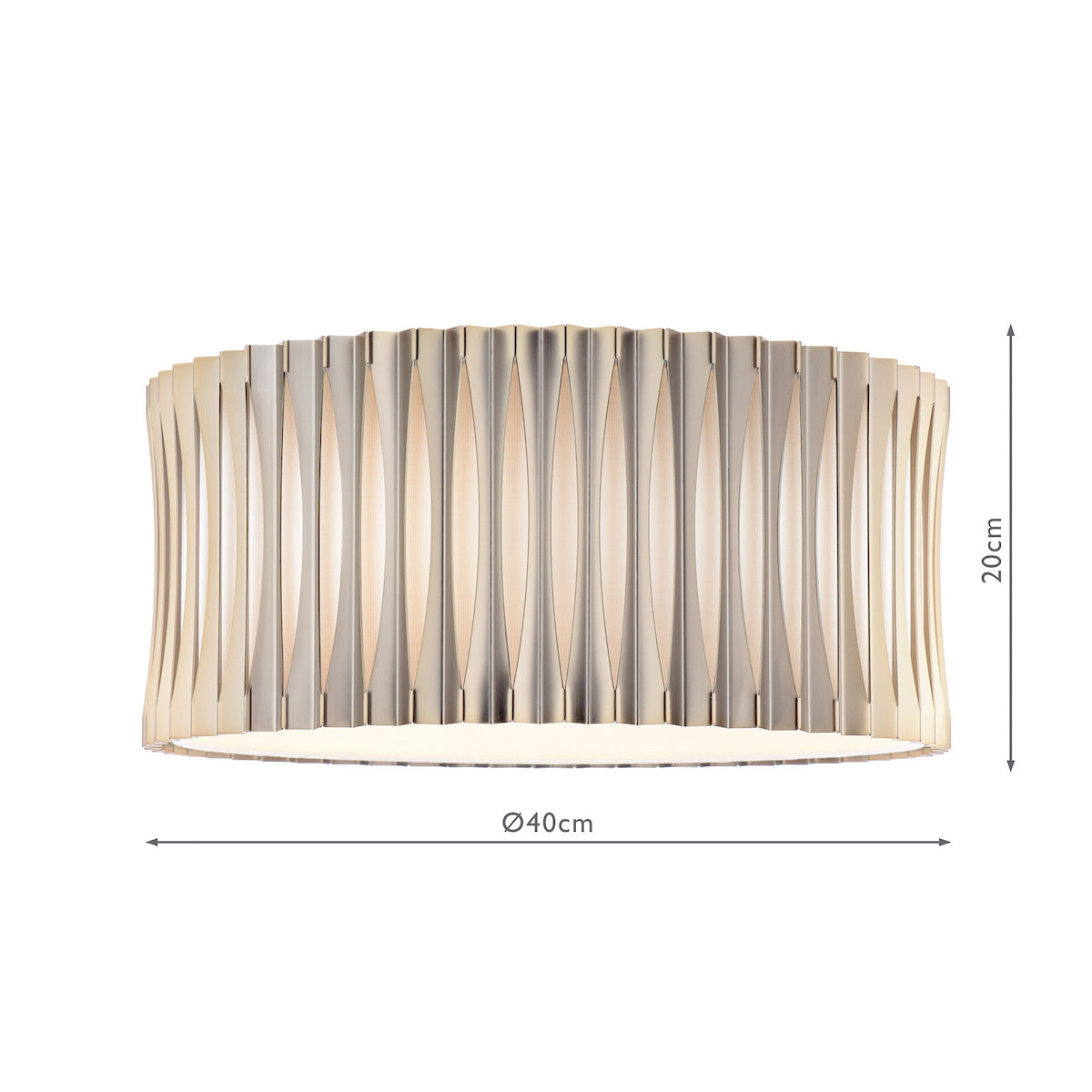 Silver ceiling light with vertical slats and a white diffuser, 40cm diameter and 20cm height