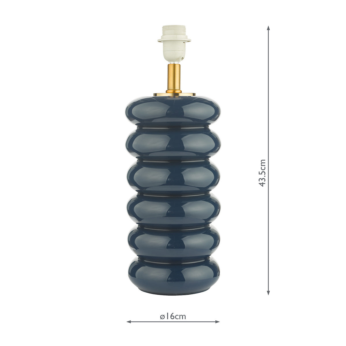 Navy blue ceramic lamp base with a stacked, rounded design and gold accents.