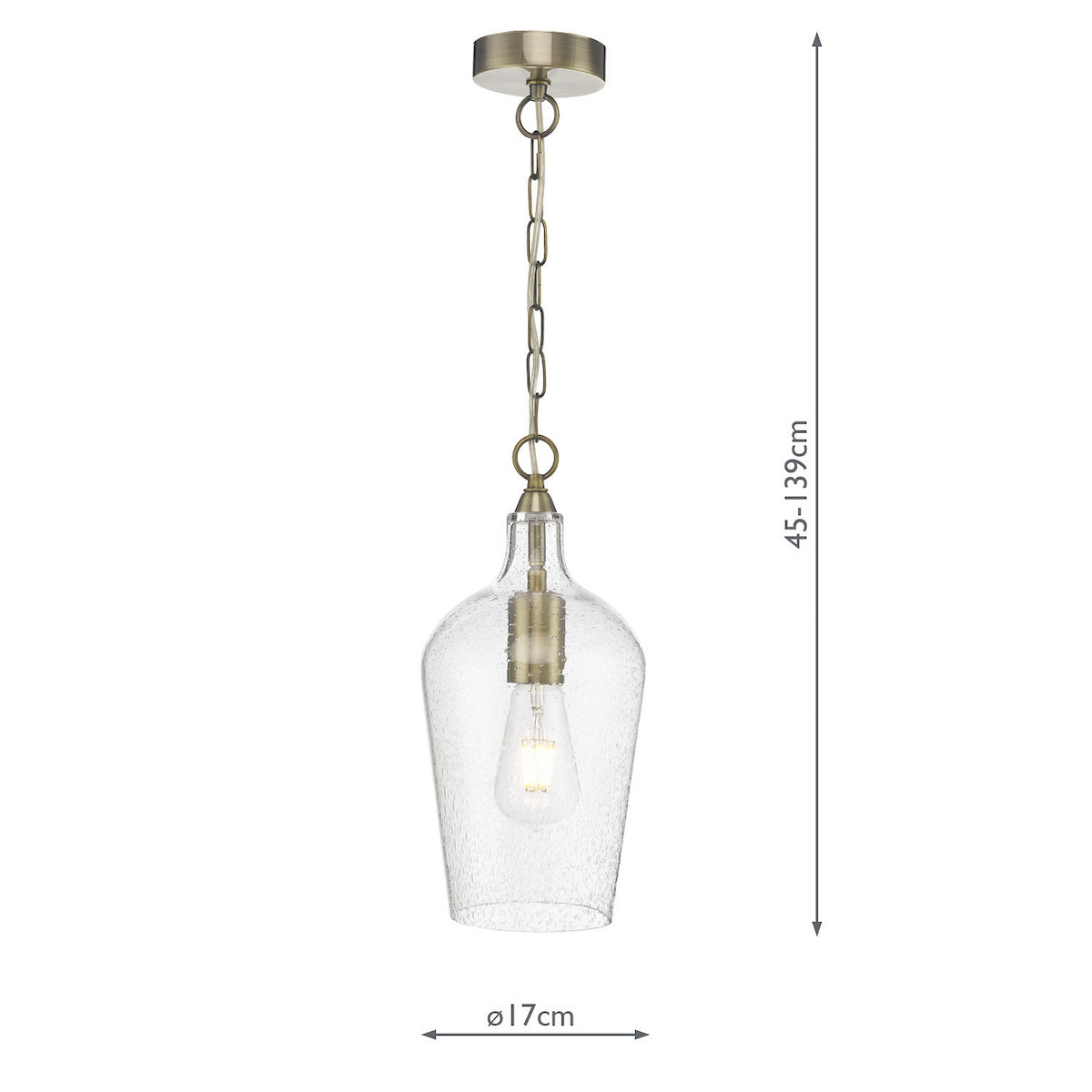 Clear glass pendant light with a textured finish and brass accents, showing dimensions.