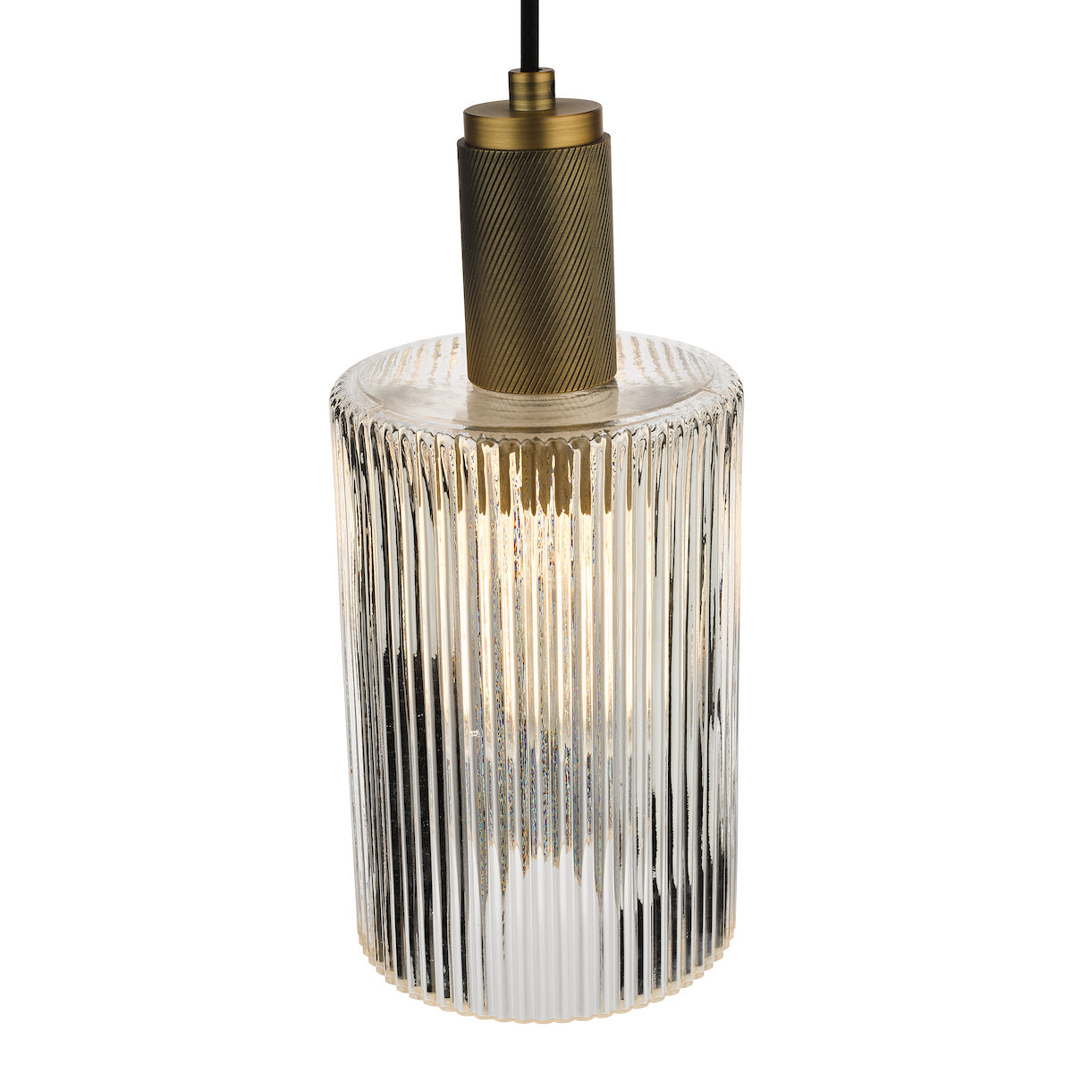 A cylindrical glass pendant light with vertical fluting and a brass top.