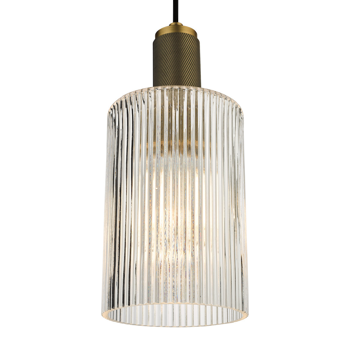 A ribbed glass pendant light with a brass top and a visible bulb, hanging from a black cord.