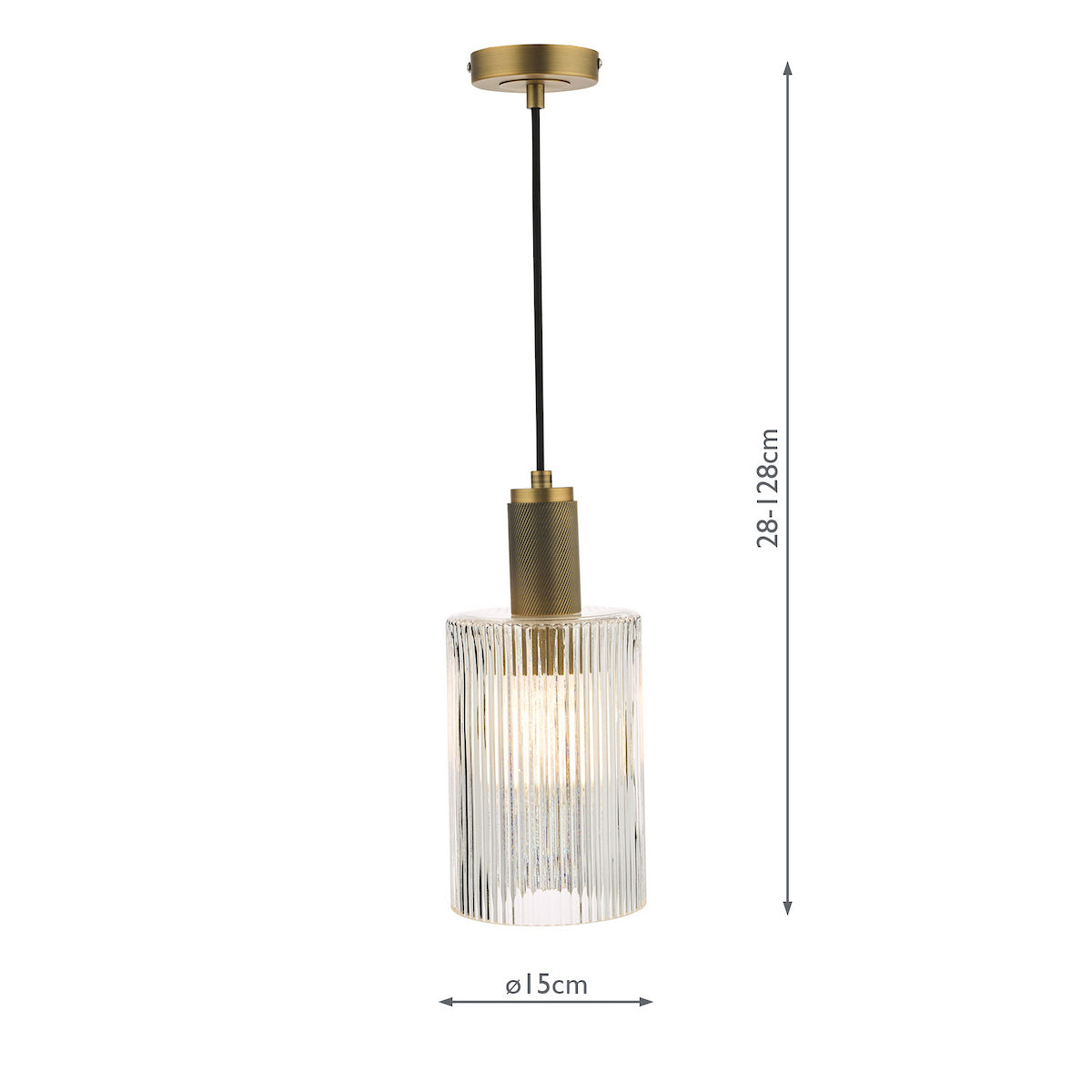 A brass and ribbed glass pendant light with adjustable height, 15cm in diameter.