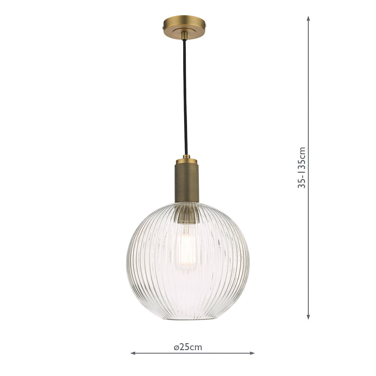 Ribbed glass globe pendant light with brass accents and exposed bulb.