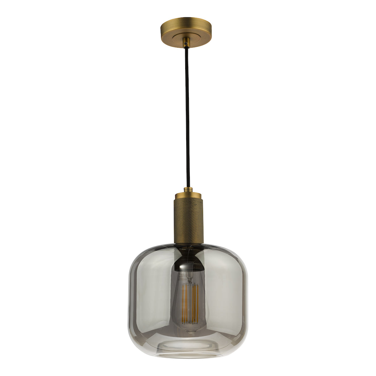 Modern pendant light with a smoked glass shade and a brass fixture.