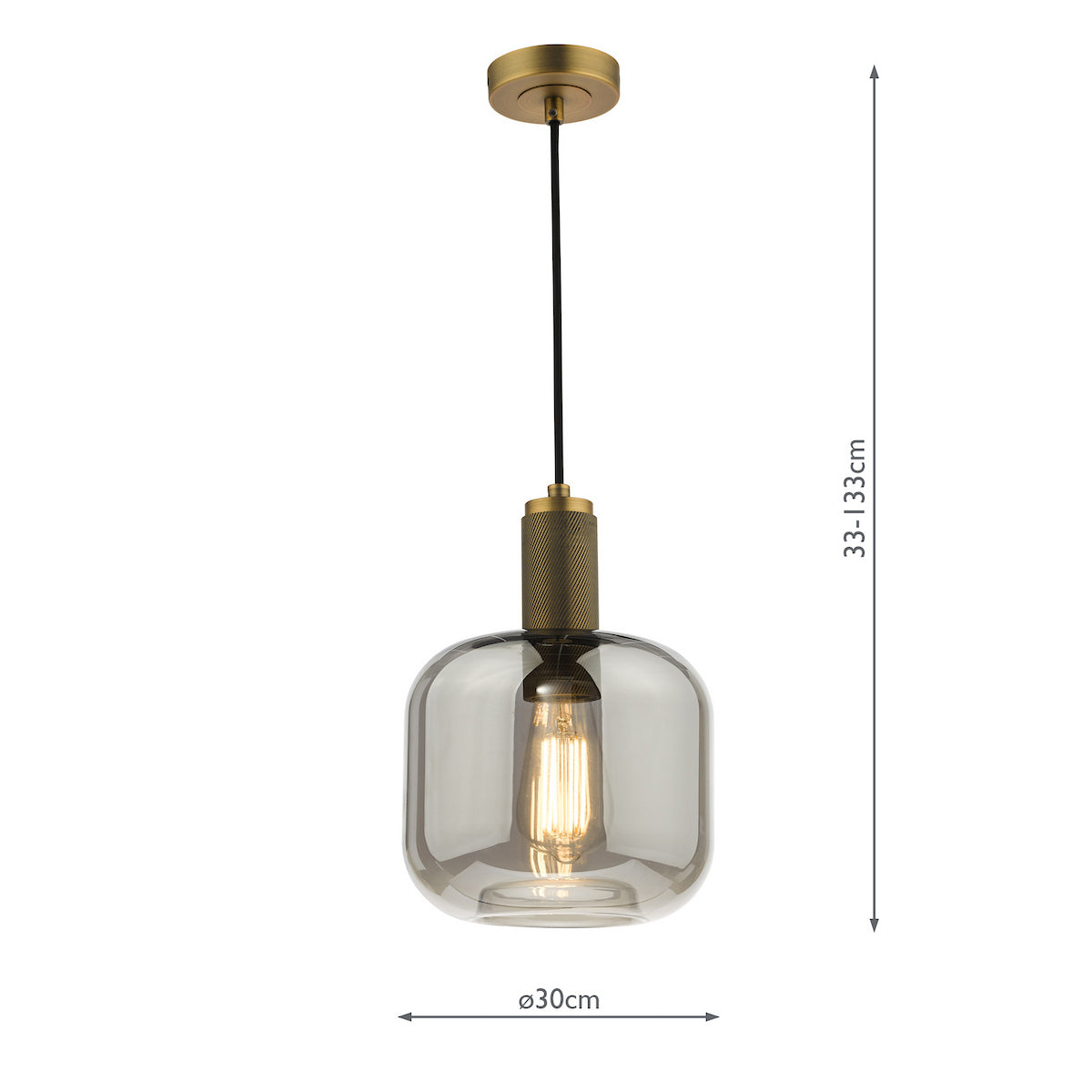 A modern pendant light with a smoked glass shade and brass accents, showing dimensions.
