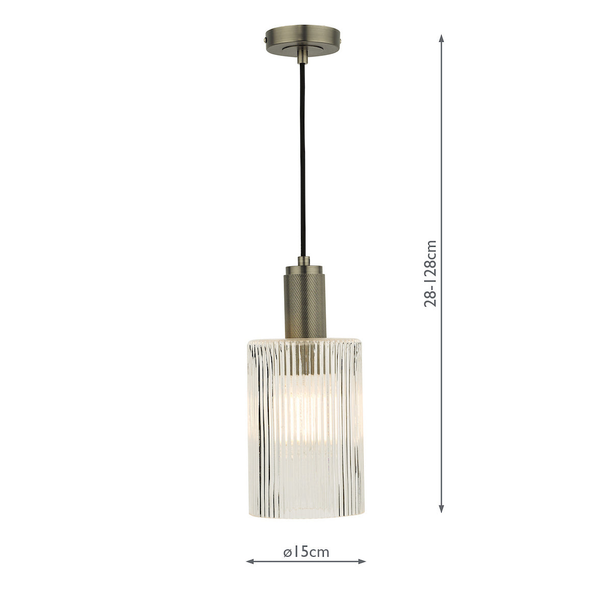 A single pendant light with a fluted glass shade and antique brass finish, showing dimensions.