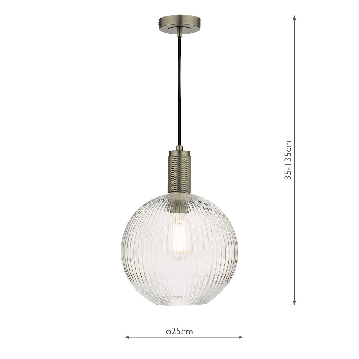 Ribbed glass pendant light with an antique brass fitting and a visible filament bulb.