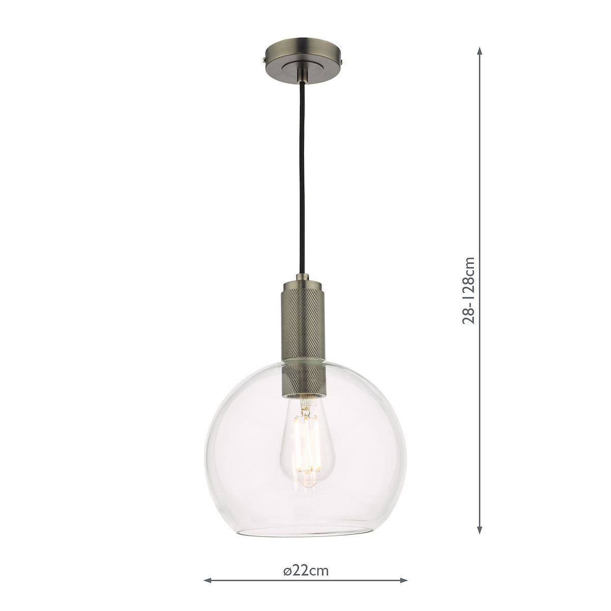 A clear glass globe pendant light with a brushed brass fixture and exposed filament bulb.