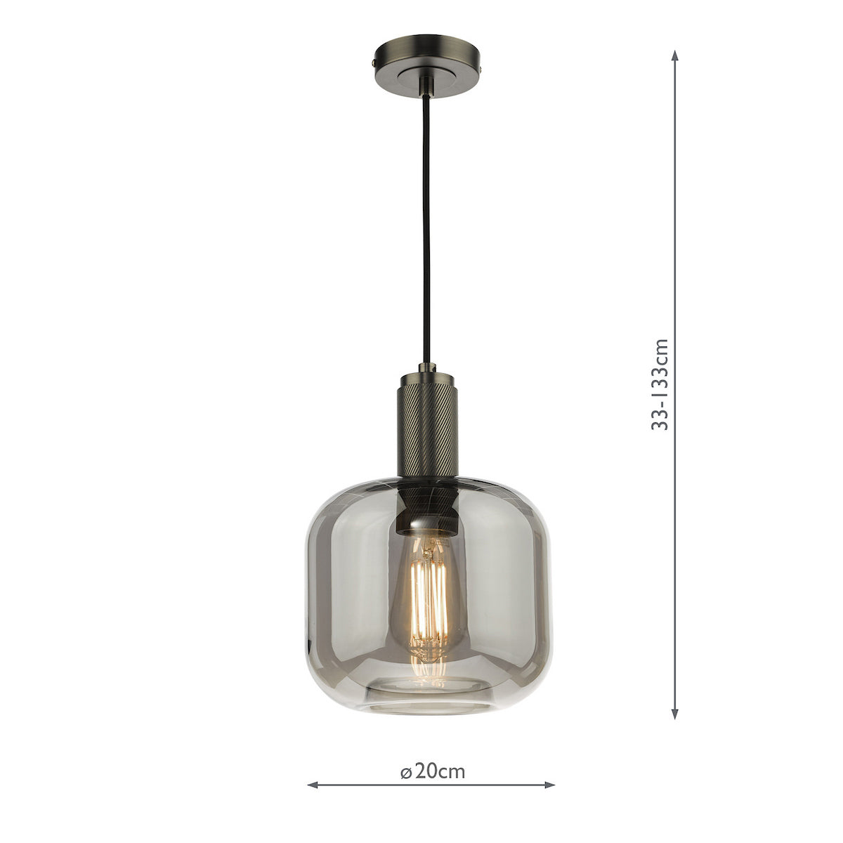 Smoked glass pendant light with an Edison bulb and dark metal accents. It has a diameter of 20cm.