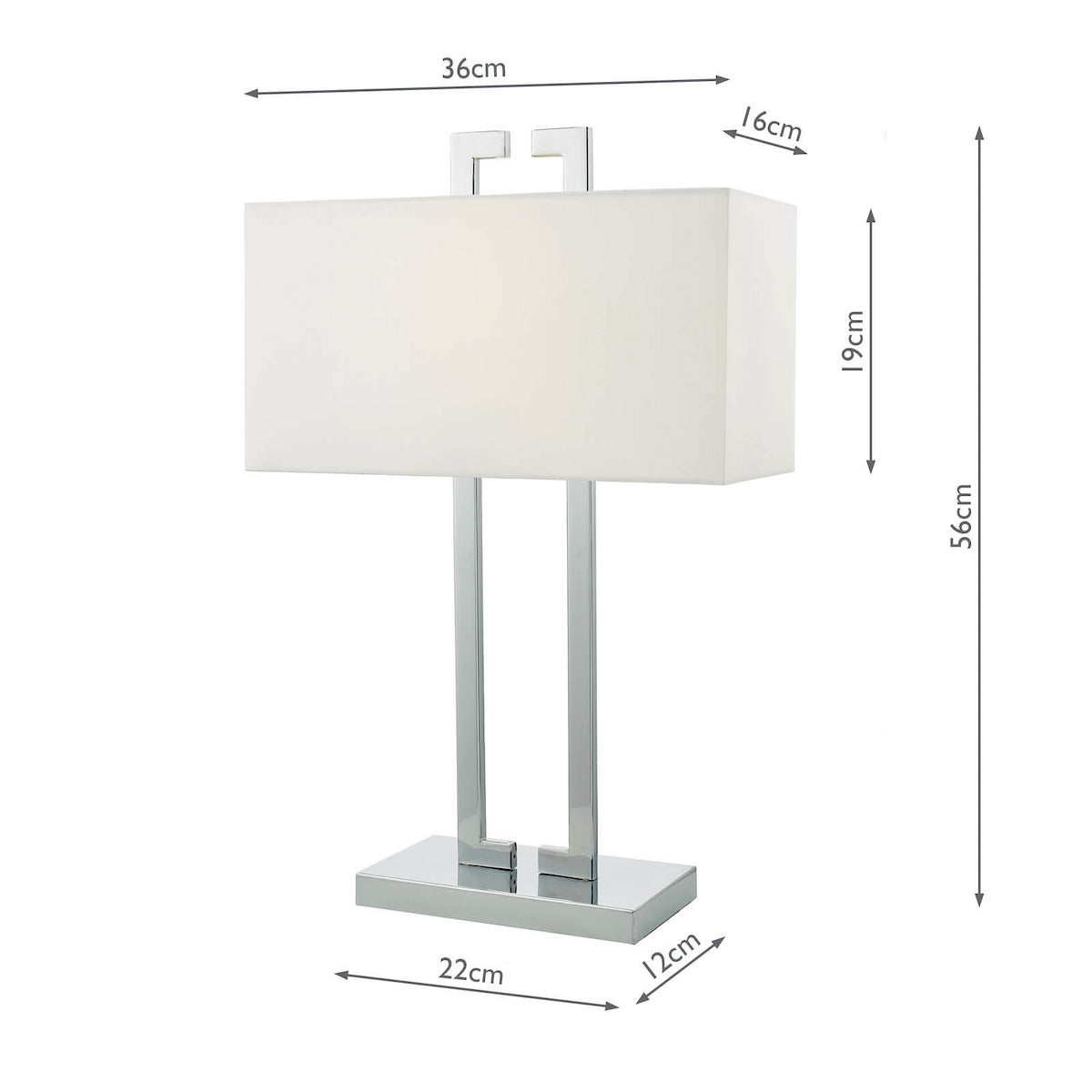 Chrome table lamp with rectangular white shade and dimensions.