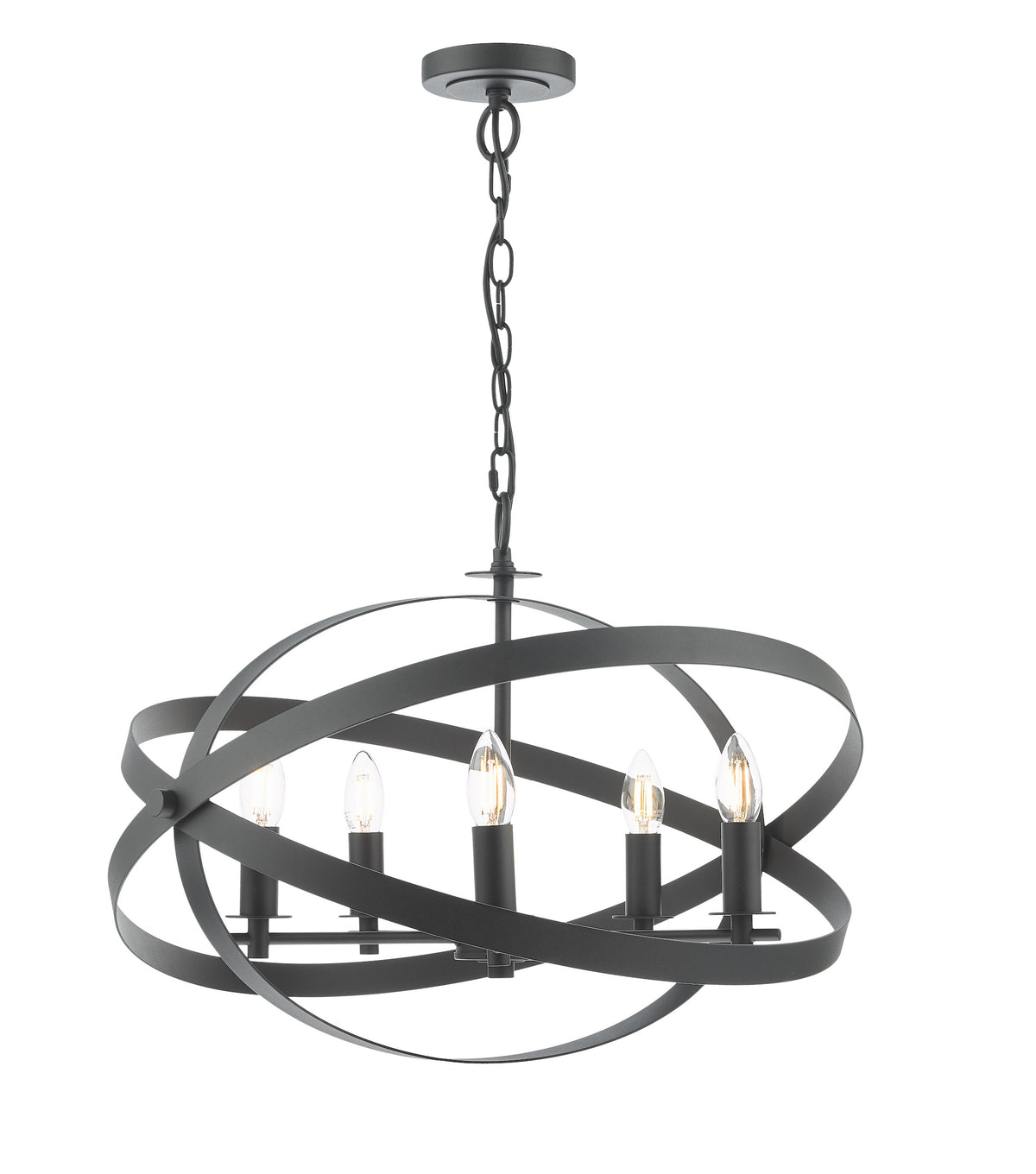 Black metal chandelier with five exposed bulbs, featuring an orb-shaped frame of intersecting bands