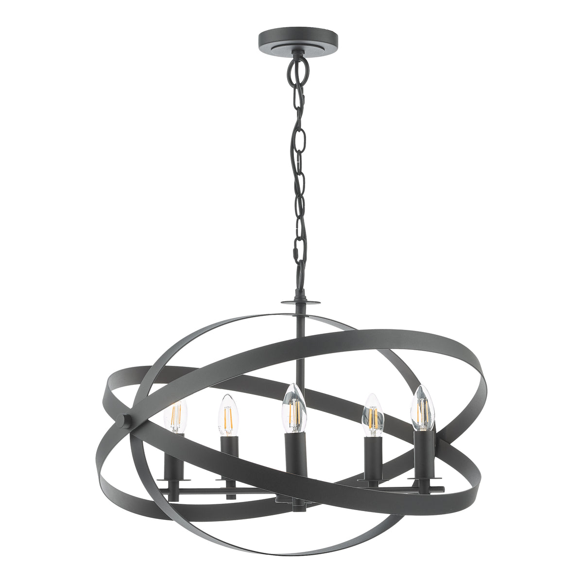 Black metal chandelier with five exposed bulbs and an orb-shaped frame