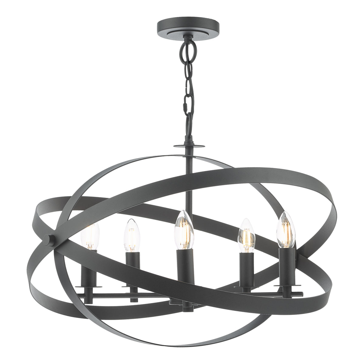 Black metal chandelier with five exposed bulbs and an orb-shaped frame