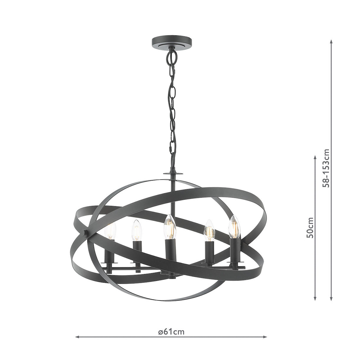 Black metal chandelier with five exposed bulbs and an orb-shaped frame