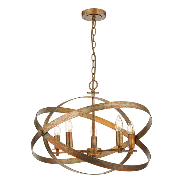 Rustic bronze chandelier with four exposed bulbs, featuring an open, spherical design of intersecting metal bands.