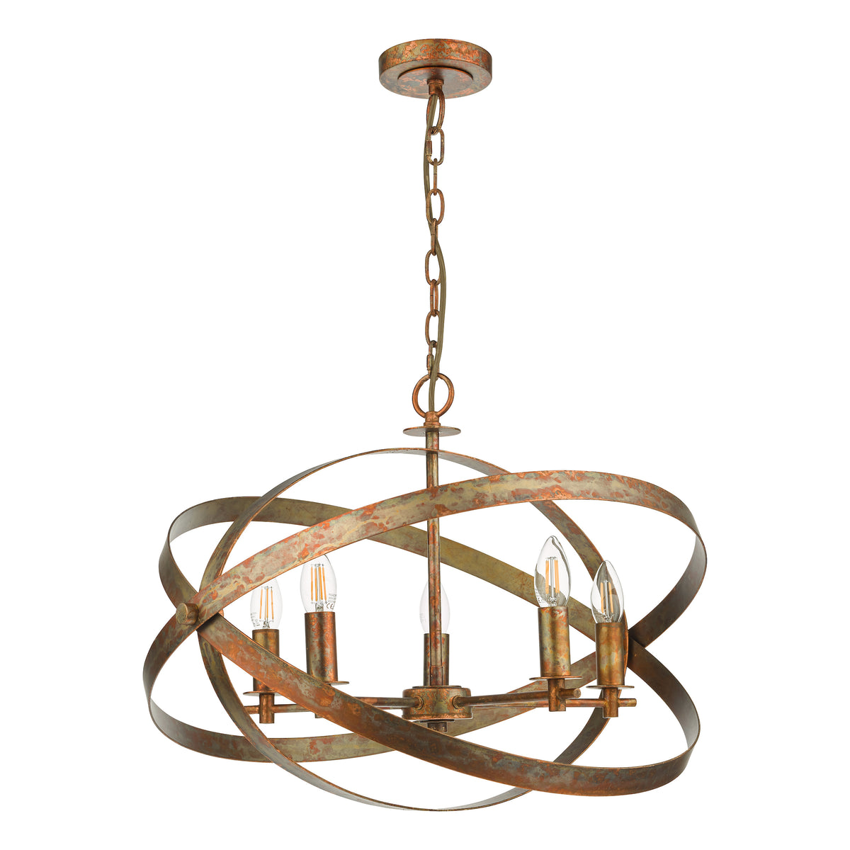 Rustic bronze chandelier with four exposed bulbs and an orb-shaped frame