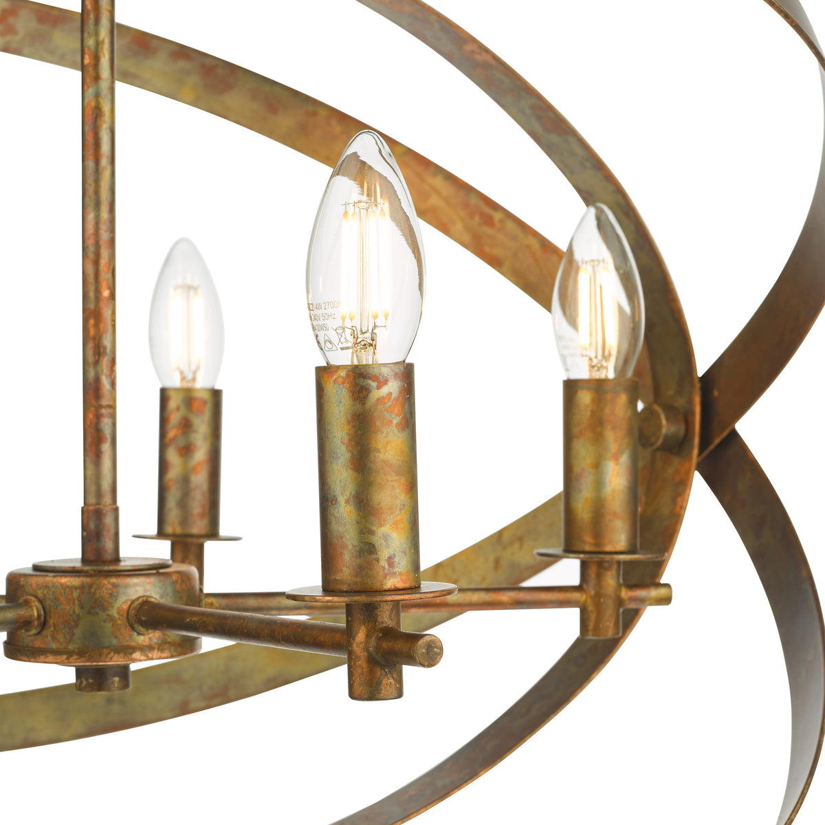 Close up of a rustic bronze chandelier with three exposed candle-style light bulbs