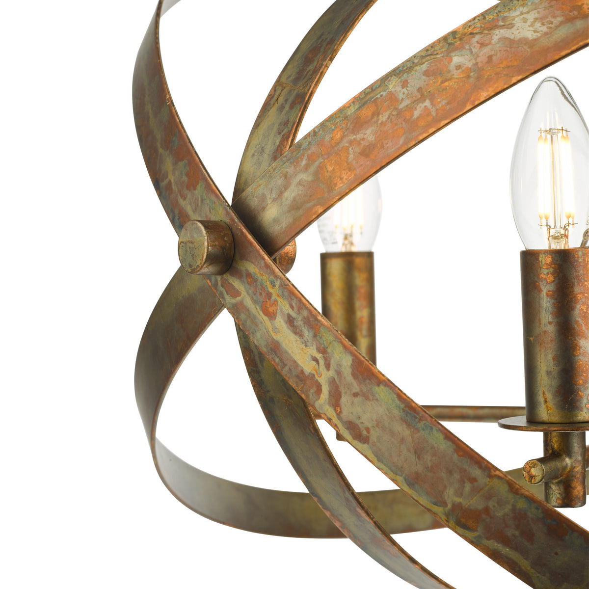 Close up of a weathered bronze chandelier with exposed light bulbs