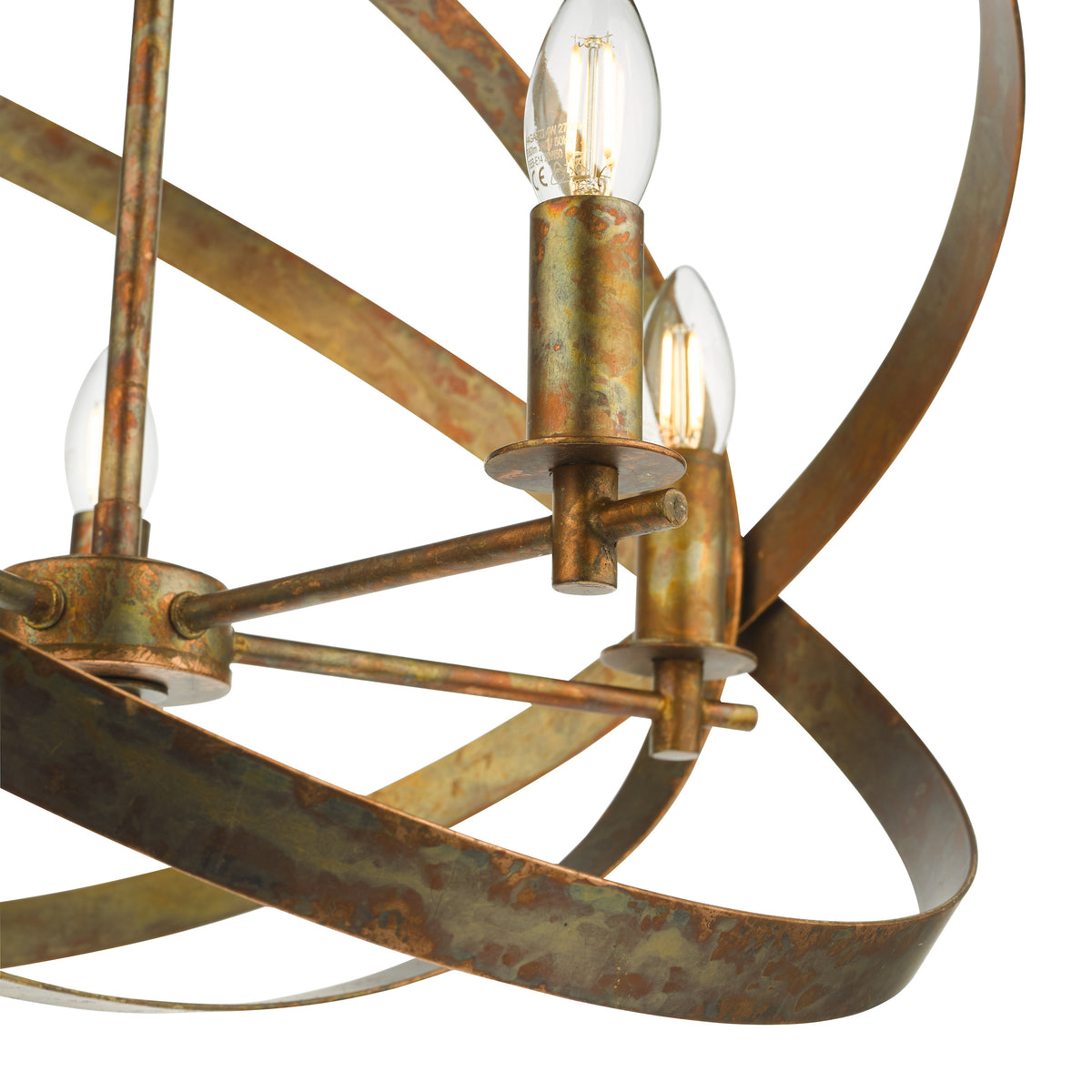 Close up of a bronze chandelier with three exposed light bulbs