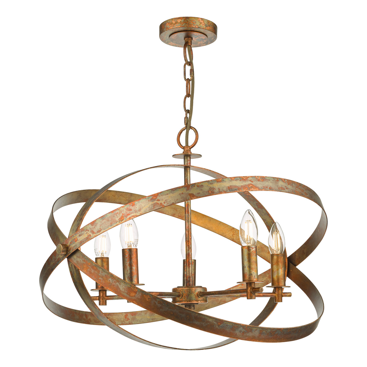 Rustic bronze chandelier with five exposed bulbs and an orb-shaped frame