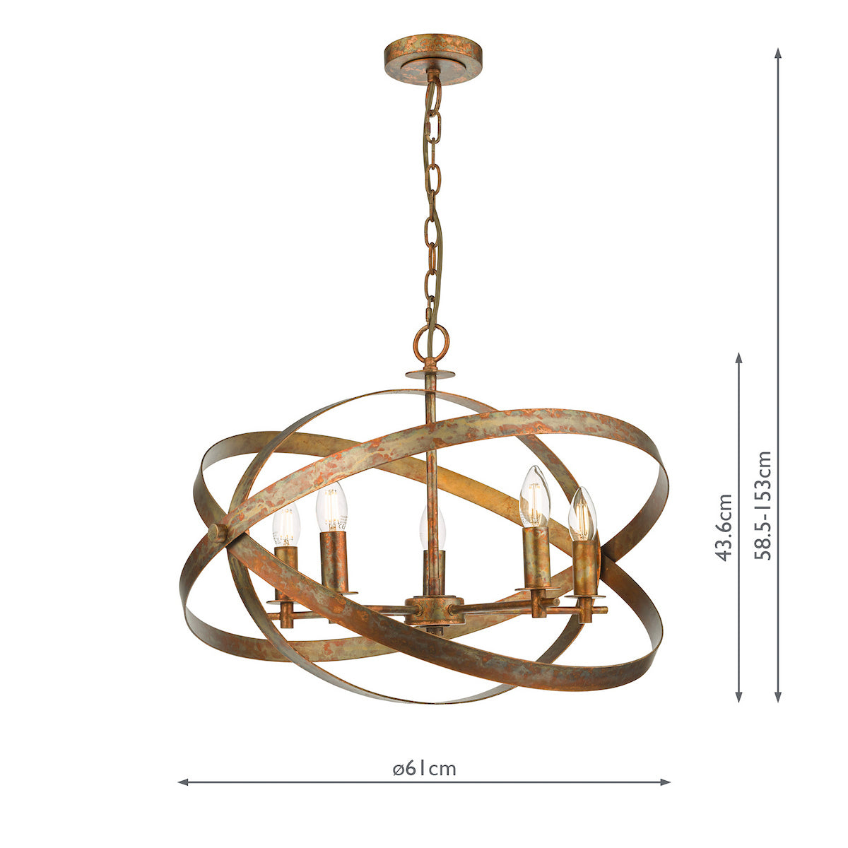 Orb chandelier with four lights and a distressed bronze finish