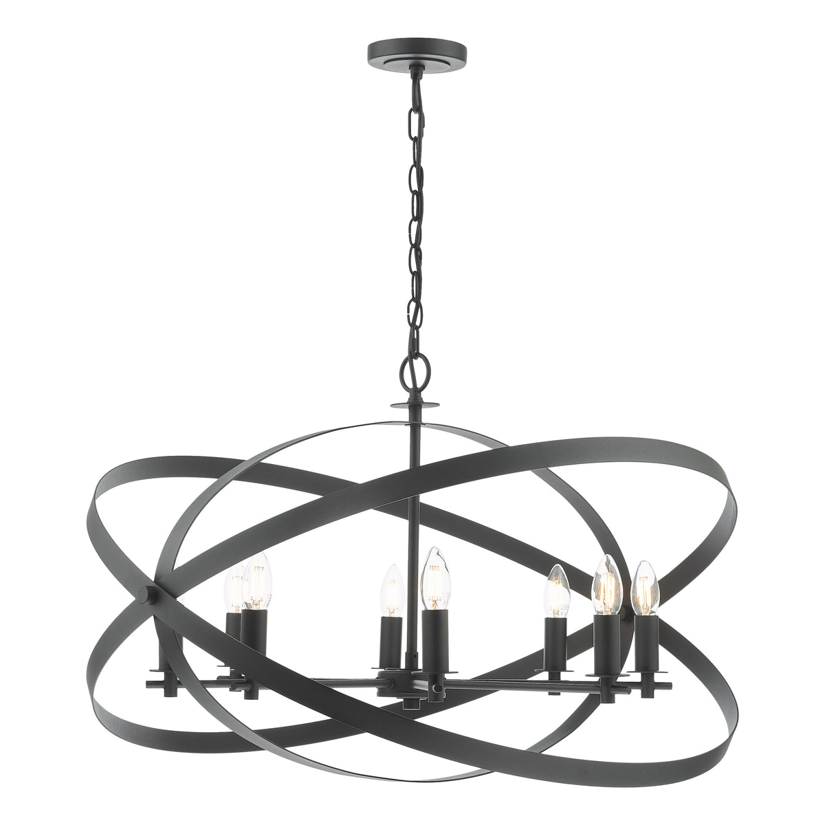 Black metal chandelier with six exposed bulbs and an orbital design