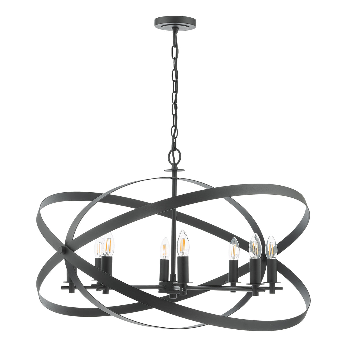 Black metal chandelier with six exposed bulbs and an orb-shaped frame